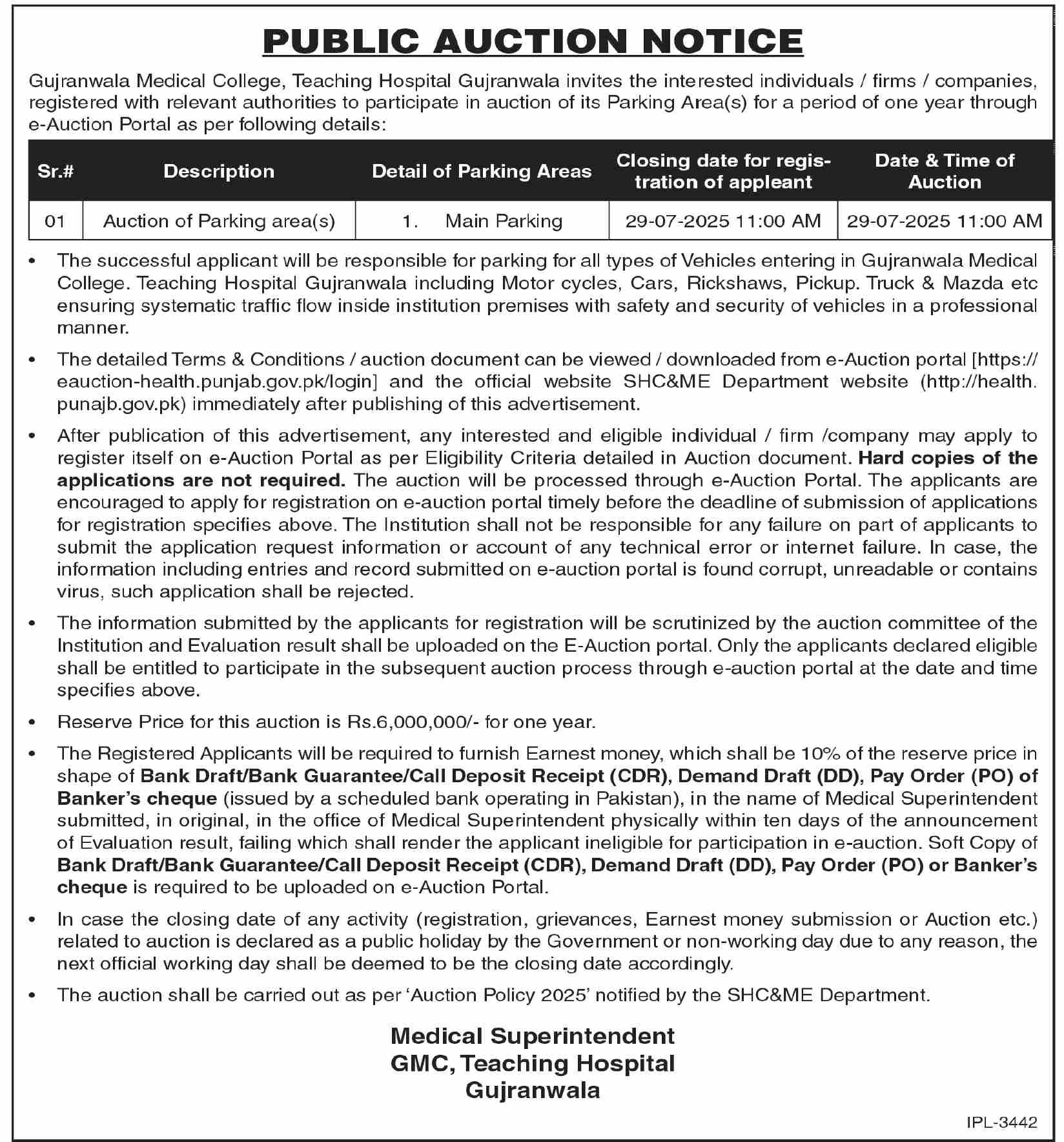 GMC Teaching Hospital Gujranwala Tender Notice